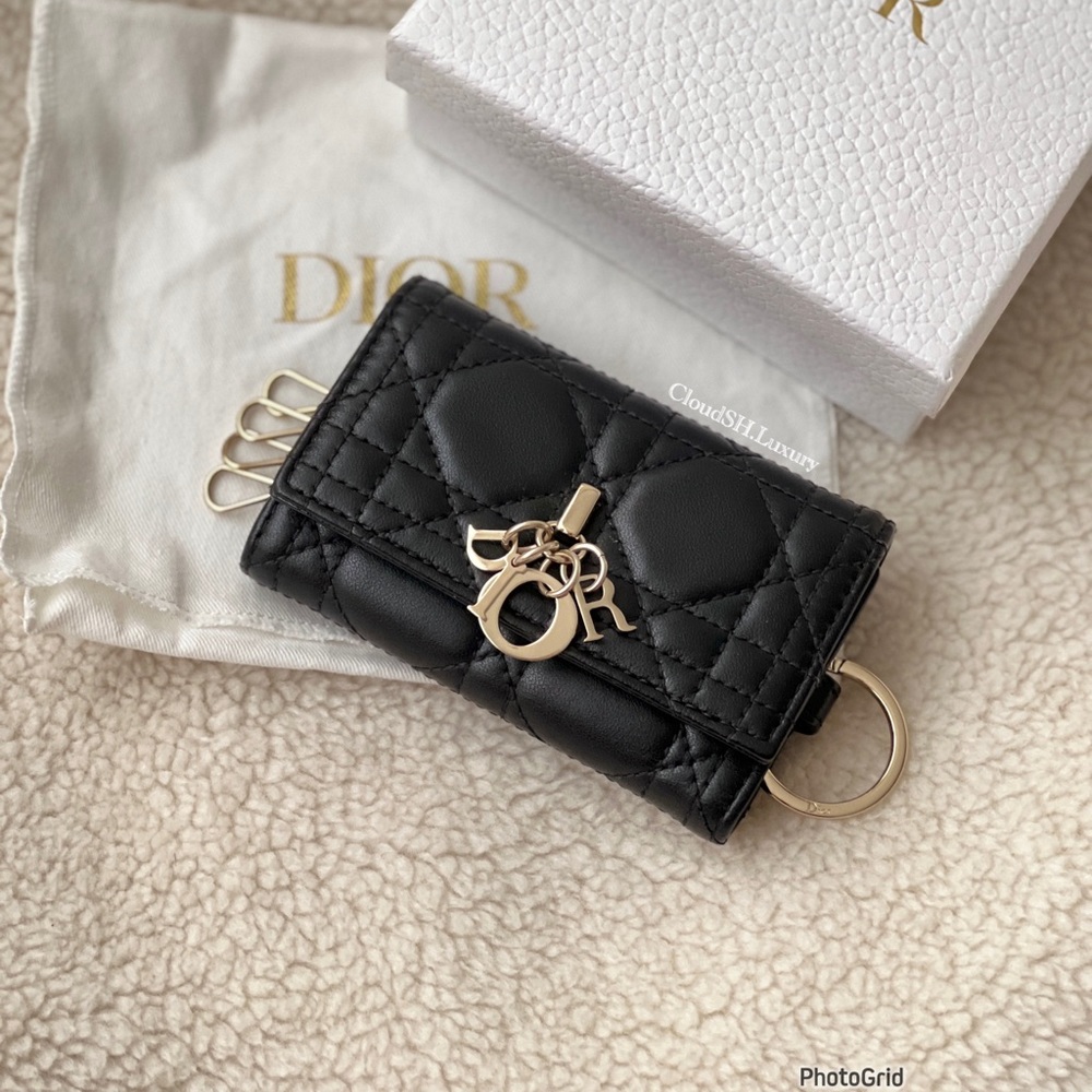 Auth Dior Quilted Logo Charm Key Holder Wallet - Black w/ Gold Hardware